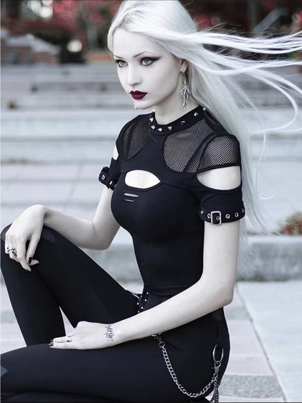 Studded Mesh Cutout Black Women's Top